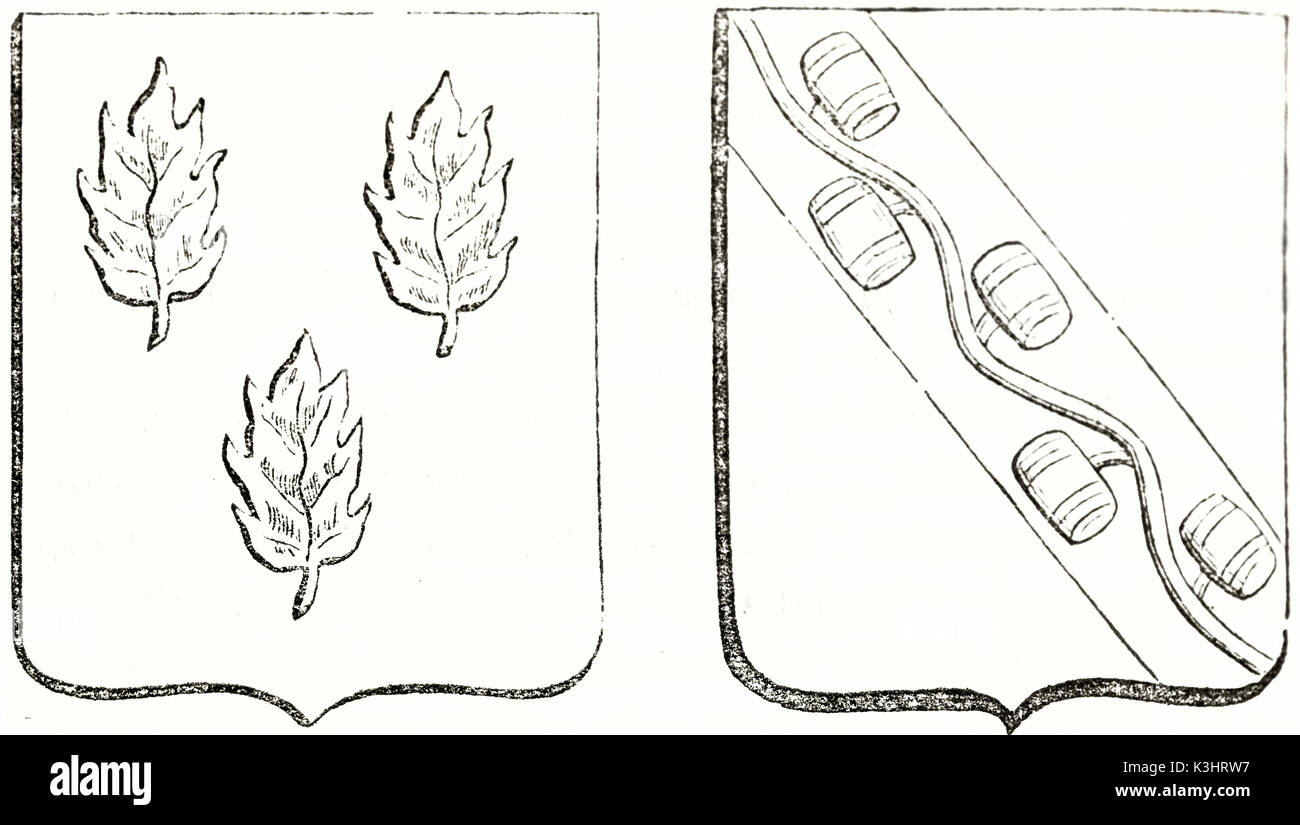 Alte graviert Reproduktion von 2 Wappen: Blätter und Pulver Fässer. Von unbekannter Autor, auf Magasin Pittoresque, Paris, 1838 veröffentlicht. Stockfoto