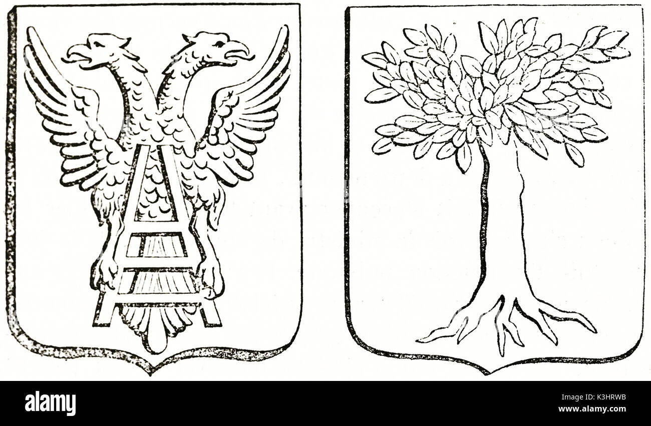 Alte graviert Reproduktion von 2 Wappen: DOUBLE HEADED EAGLE holding Leiter, Nussbaum. Von unbekannter Autor, auf Magasin Pittoresque, Paris, 1838 veröffentlicht. Stockfoto