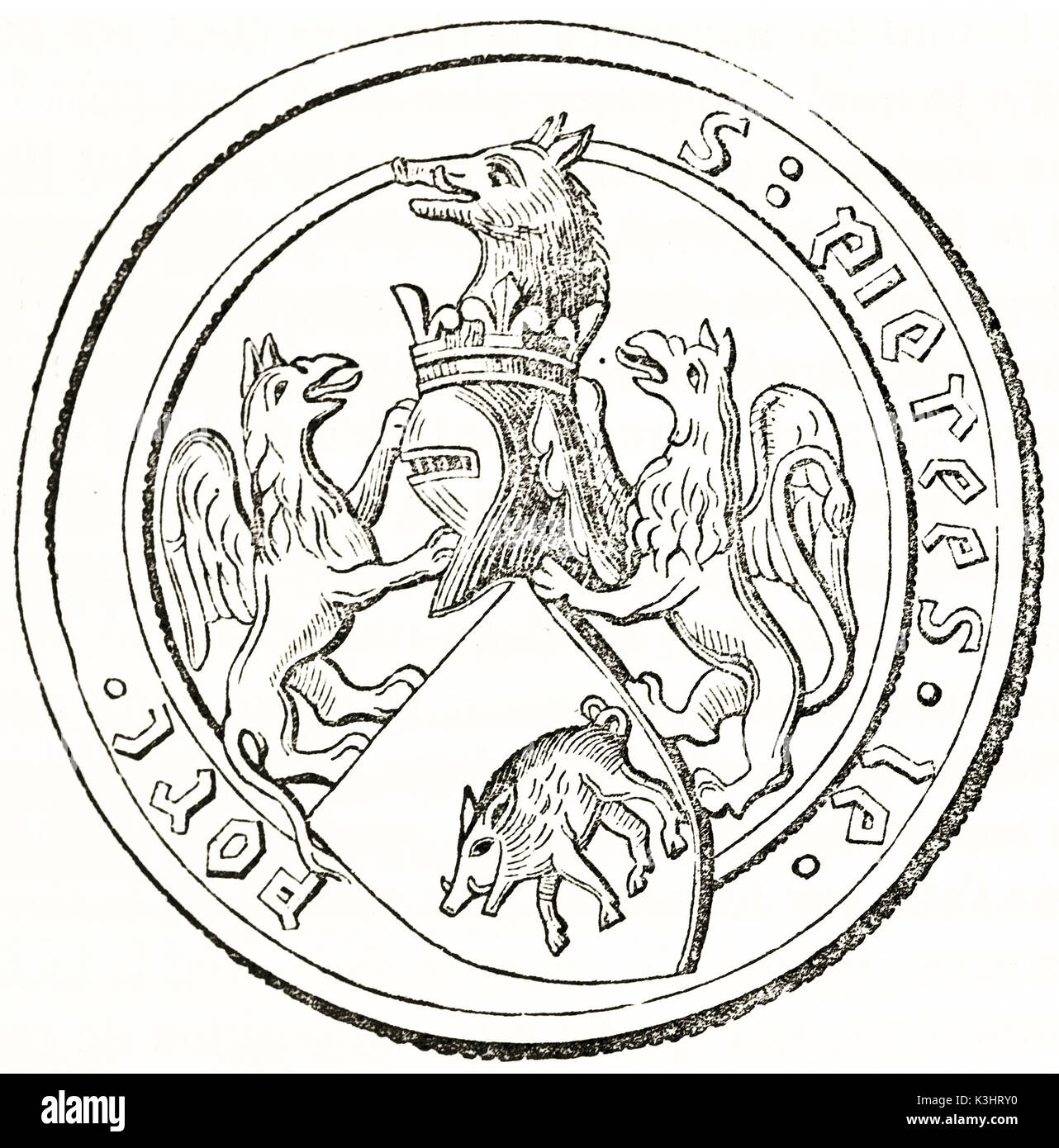 Alte graviert Reproduktion eines runden Wappen bestehend aus Wildschwein, Helm und hippogriffs. Von unbekannter Autor, auf Magasin Pittoresque, Paris, 1838 veröffentlicht. Stockfoto