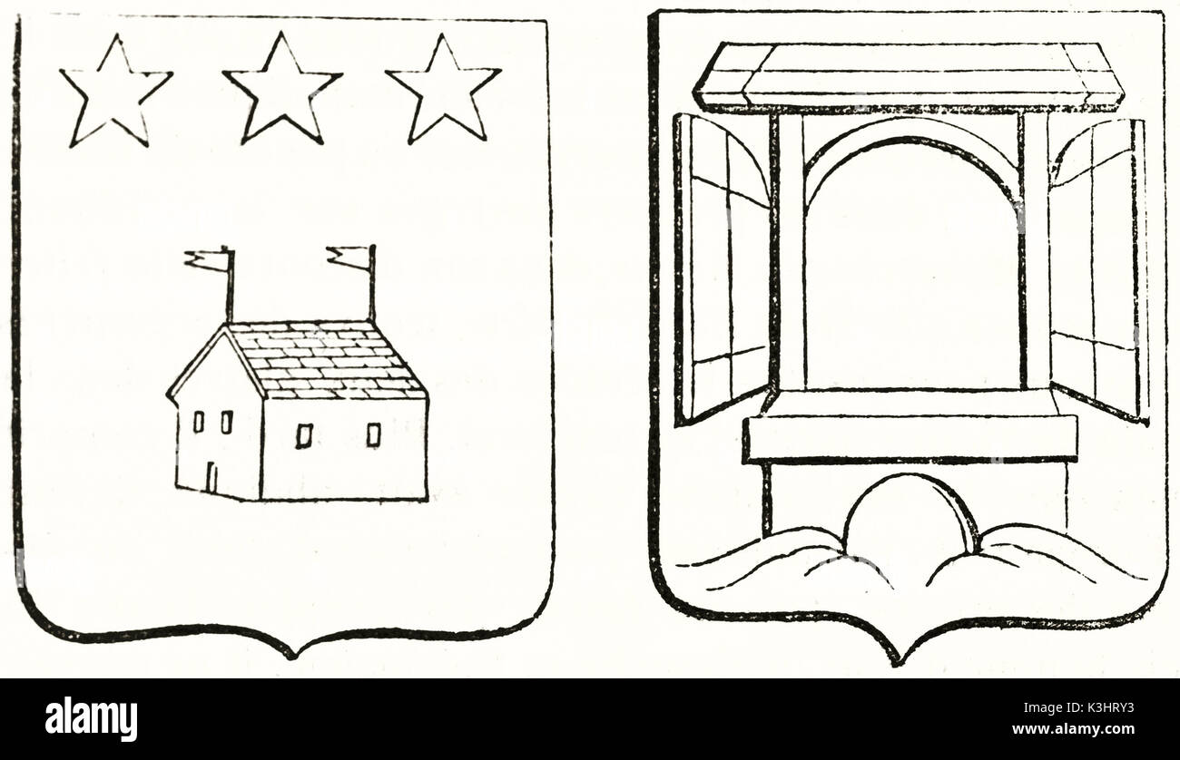 Alte graviert Reproduktion von 2 Wappen: Haus und Sterne, Fenster. Von unbekannter Autor, auf Magasin Pittoresque, Paris, 1838 veröffentlicht. Stockfoto
