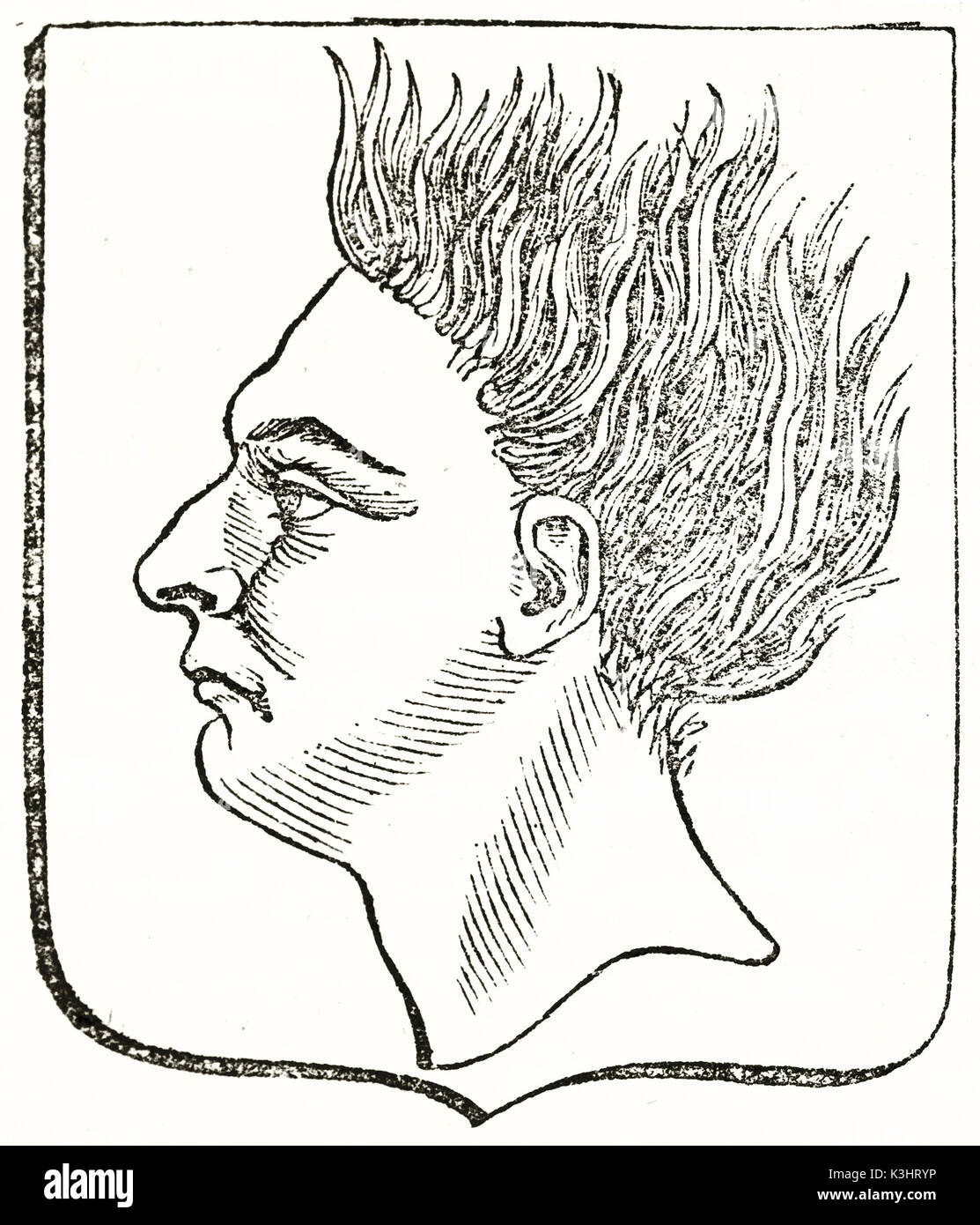 Alte graviert Reproduktion eines Wappen besteht aus Profil Leitung mit angehobenem Haar. Von unbekannter Autor, auf Magasin Pittoresque, Paris, 1838 veröffentlicht. Stockfoto