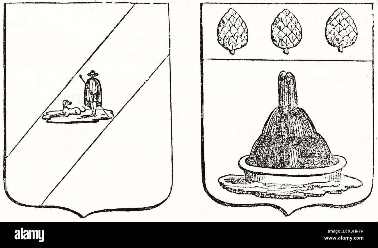 Alte graviert Reproduktion von 2 Wappen: Hirte, Brunnen und Artischocken. Von unbekannter Autor, auf Magasin Pittoresque, Paris, 1838 veröffentlicht. Stockfoto