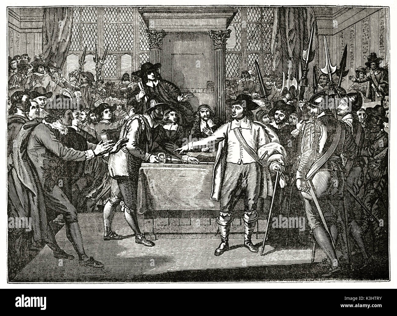 Alte graviert Reproduktion eines Gemäldes von Cromwell und ein Band der Soldaten zu unterbrechen. Nach Westen, auf Magasin Pittoresque, Paris, 1838 veröffentlicht. Stockfoto