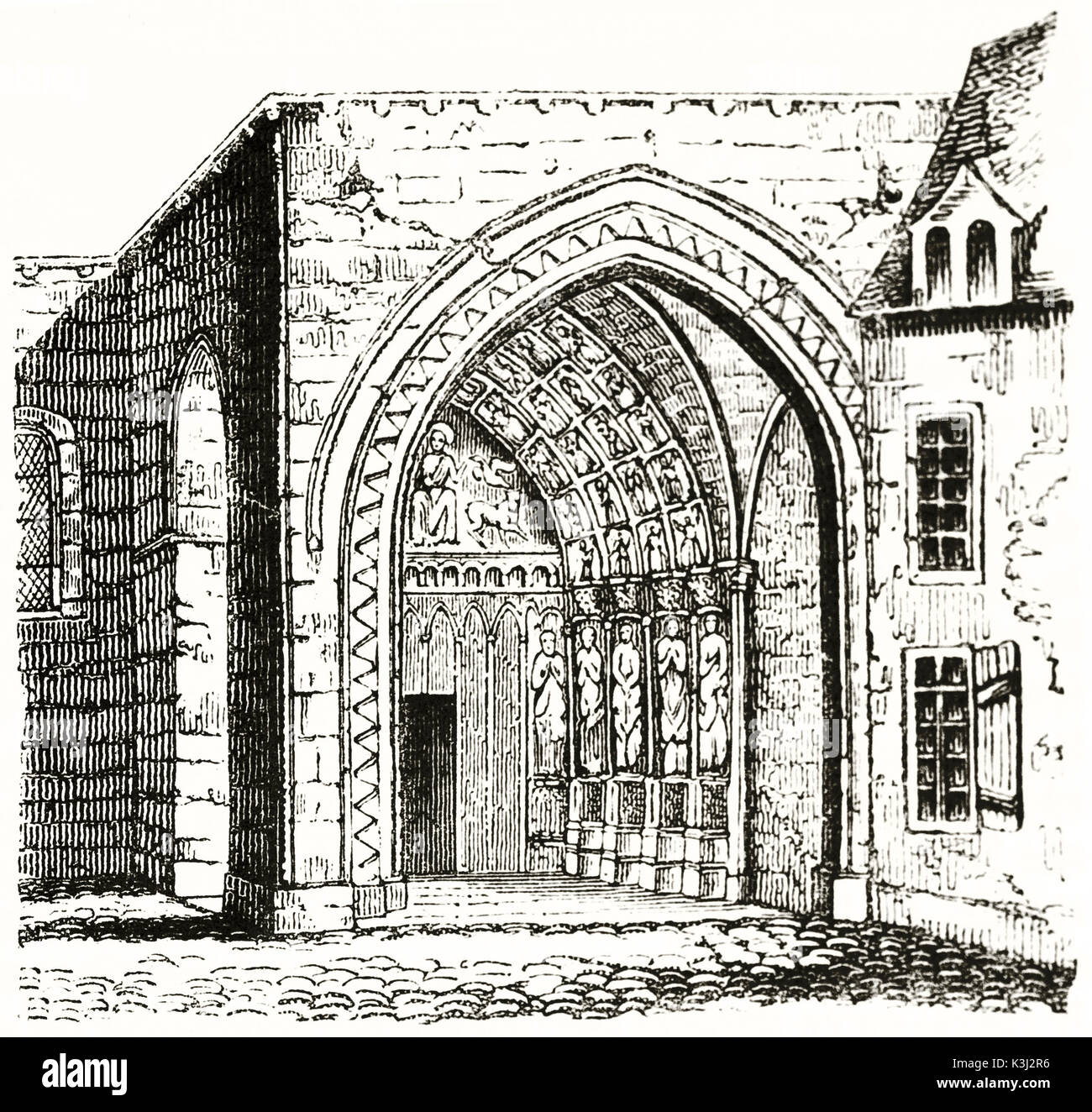 Alte Ansicht von Le Mans Kathedrale Seite Portal, Frankreich. Von unbekannter Autor, auf Magasin Pittoresque, Paris, 1838 veröffentlicht. Stockfoto