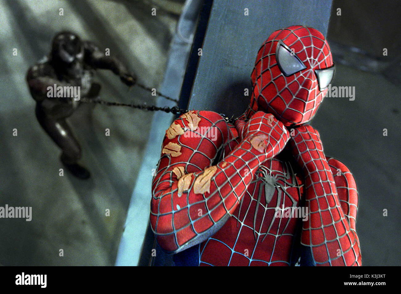 Venom und Spider-Man Face off in Columbia Pictures Spider-MAN 3. SPIDER-MAN 3 [USA 2007] TOPHER GRACE als Edward "Eddie" Brock/Venom, Tobey Maguire als Peter Parker/Spider-Man Datum: 2007 Stockfoto