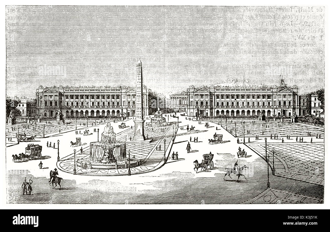Alte Abbildung: Place Louis XV (Place de la Concorde, Paris) in die Verschönerung Projekt von J. Hittorff. Von Andrew, Beste und Leloir nach Rauch, Publ. Auf Magasin Pittoresque, Paris, 1838 erstellt Stockfoto