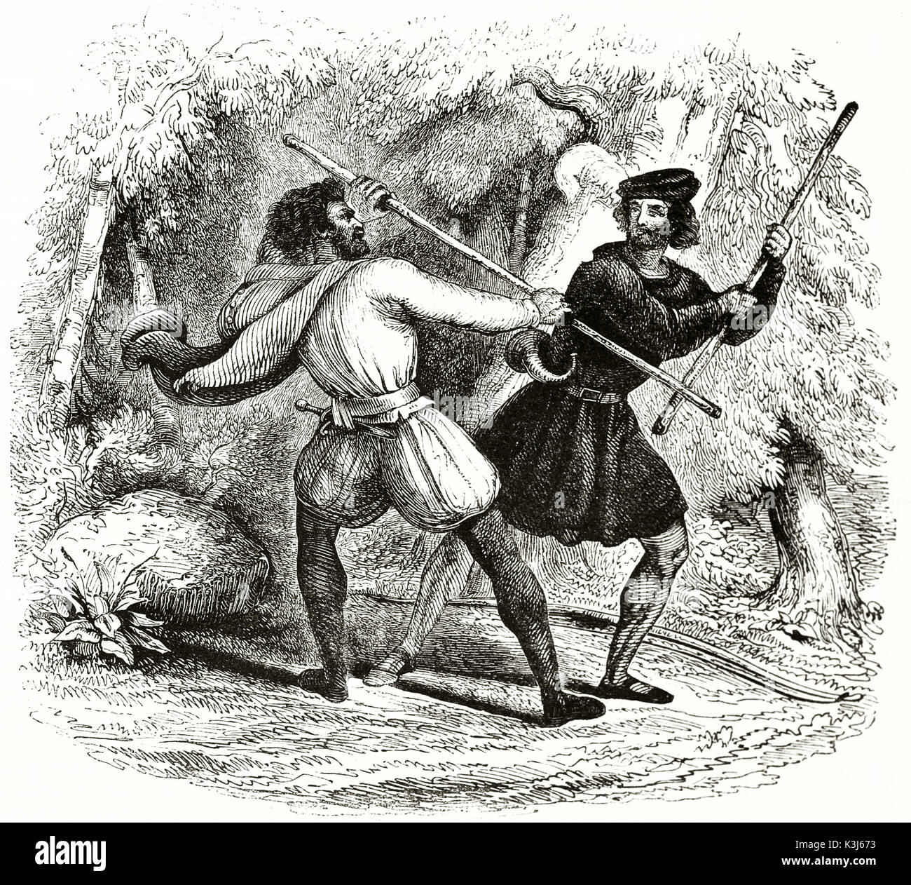 Alte Abbildung: Robin Hood (mit schwarzen) Stick gegen die Tanner kämpfen. Von unbekannter Autor, auf Magasin Pittoresque, Paris, 1838 veröffentlicht. Stockfoto
