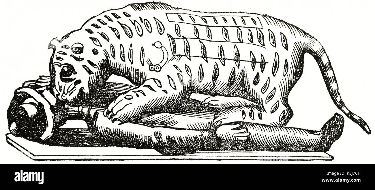 Alte Illustration der Tipu Tiger von Seringapatam (mechanische Rohr - Orgel: Tiger Knurren und Opfer Weinen). Von unbekannter Autor, auf Magasin Pittoresque, Paris, 1838 veröffentlicht. Stockfoto