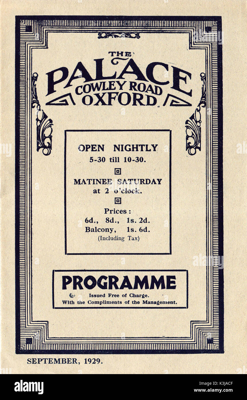 Kinoprogramm für den Palast Kino, Cowley Road, Oxford September, 1929 Stockfoto