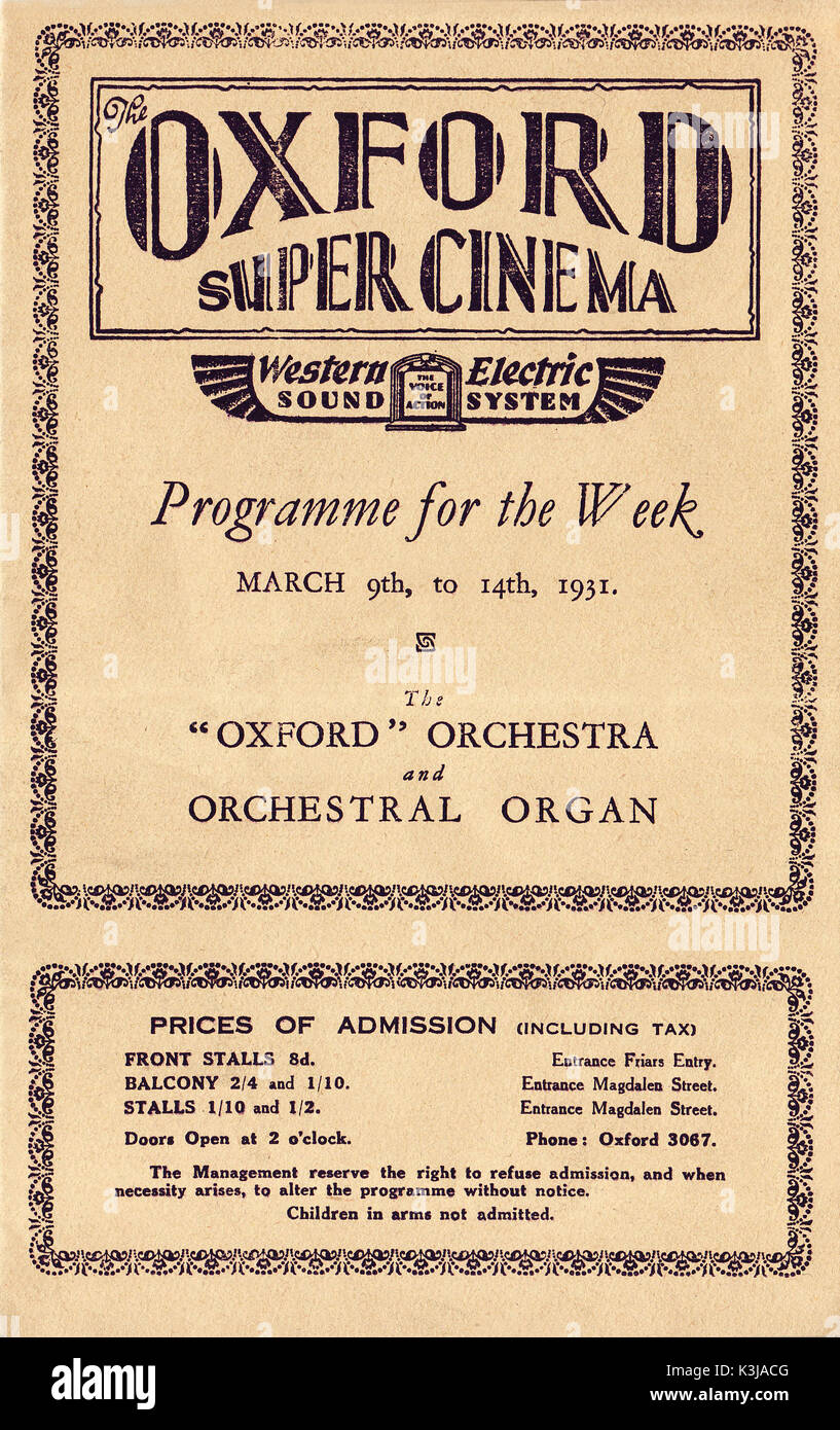 Kino PROGRAMM FÜR DIE OXFORD SUPERIOR KINO, 9. - 11. März 1931 Stockfoto