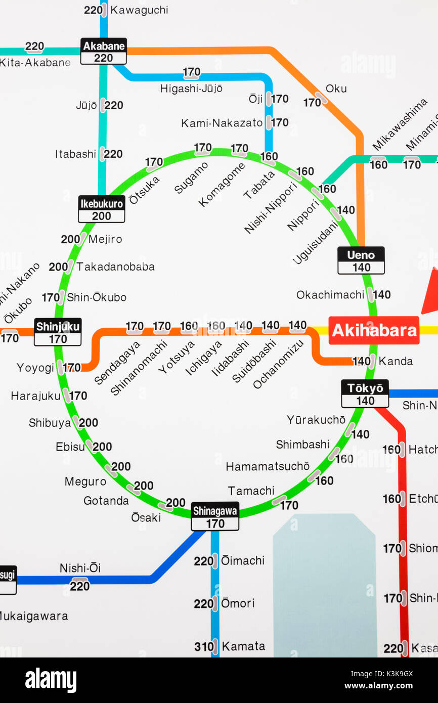 Japan, Hoshu, Tokio, Akihabara Bahnhof, Zug Netzwerk Karte Karte Preise zu verschiedenen Zielen in Englisch Stockfoto