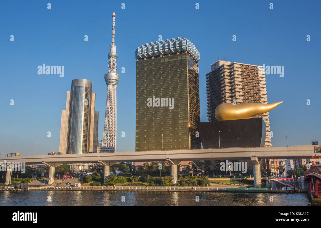 Japan, Tokyo City, Asakusa Distric, Sky Tree Tower, Asahi Beer Hall, Sumida River Stockfoto