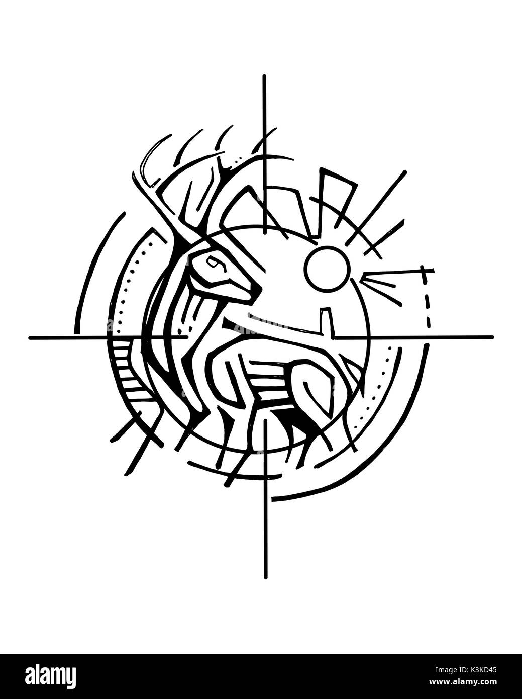 Hand gezeichnet vector Abbildung oder Zeichnung von einem Hirsch mit große Hörner Stockfoto