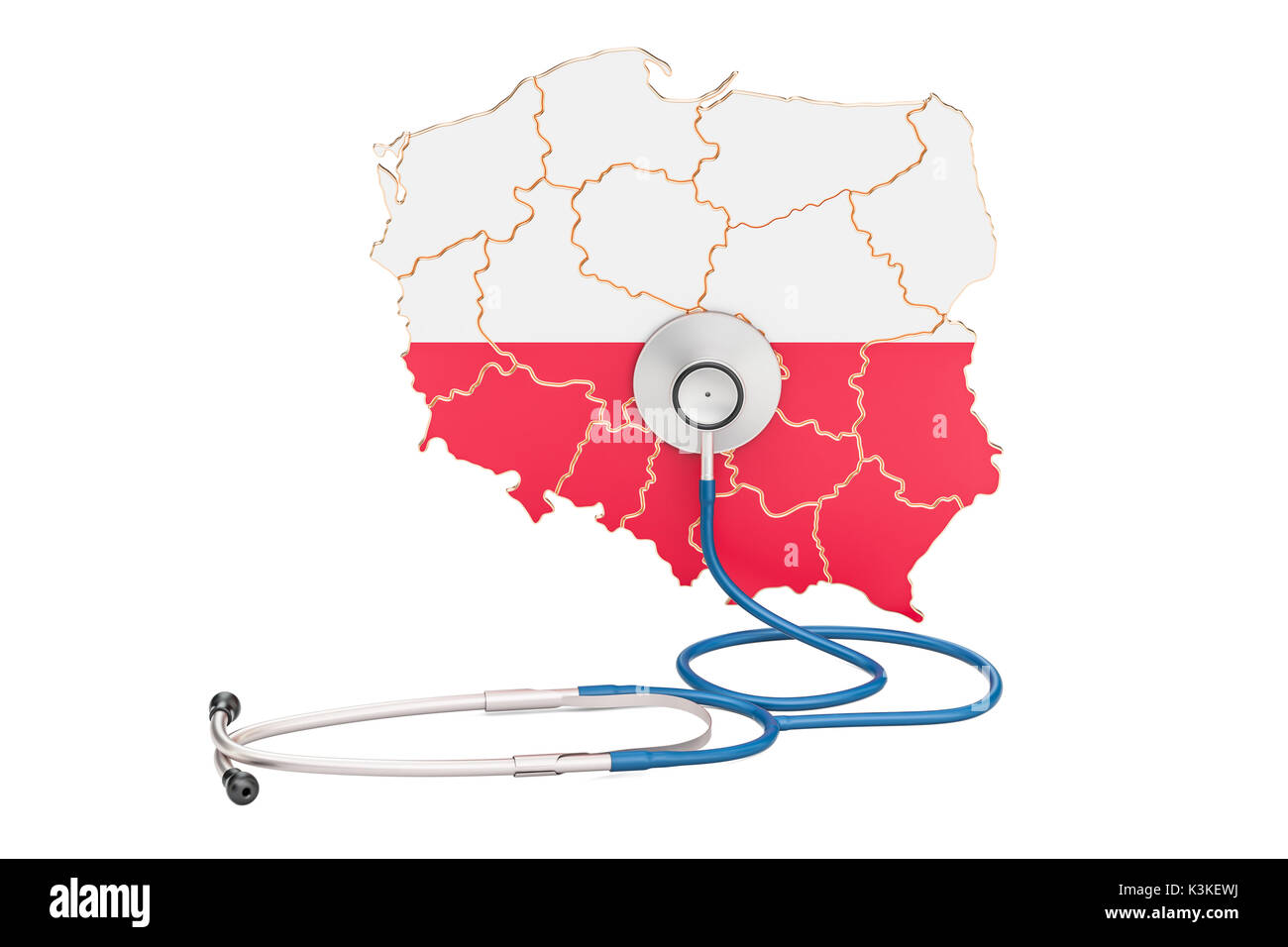 Polnische Karte mit Stethoskop, national Health Care Concept, 3D-Rendering Stockfoto