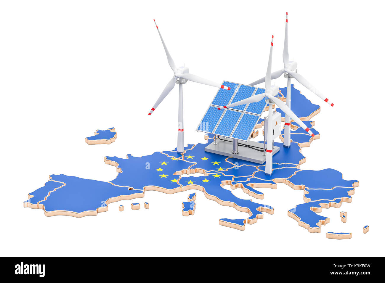 Erneuerbare Energien und nachhaltige Entwicklung in der Europäischen Union, Konzept. 3D-Rendering auf weißem Hintergrund Stockfoto