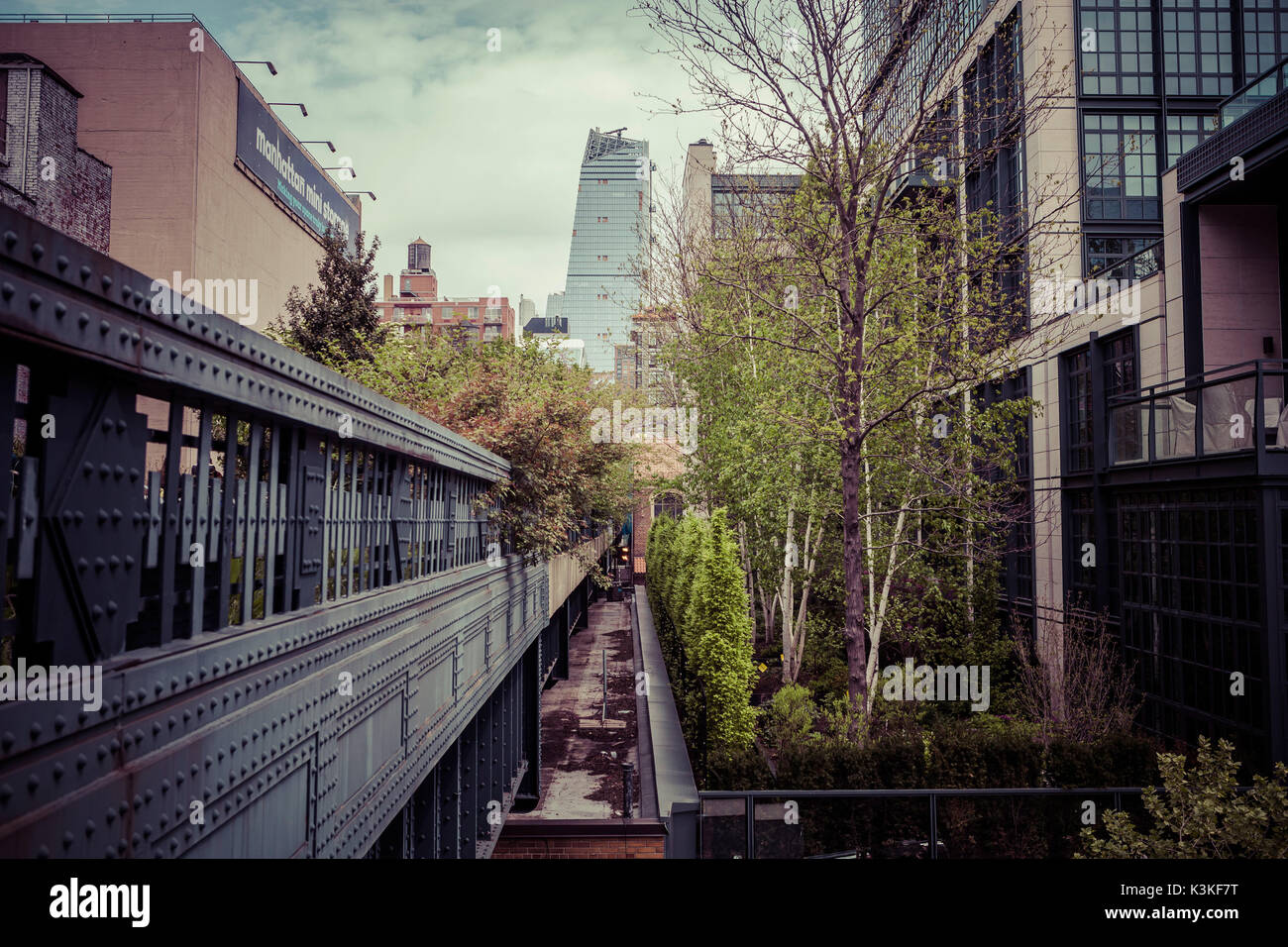 Die High Line ist ein öffentlicher Park auf einem historischen Freight rail line gebaut erhöht über der Straße in die West Side von Manhattan. Chelsea, Art District, Touristenattraktion und Leben Linie von New York, Manhattan, USA Stockfoto