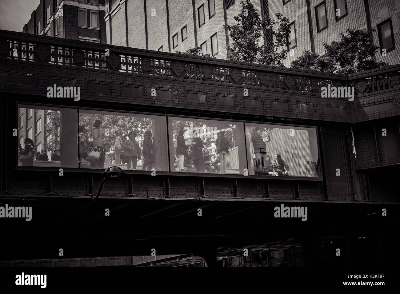 Asiatische Touristische Gruppe Bilder aufnehmen. Die High Line ist ein öffentlicher Park auf einem historischen Freight rail line gebaut erhöht über der Straße in die West Side von Manhattan. Chelsea, Art District, Touristenattraktion und Leben Linie von New York, Manhattan, USA Stockfoto
