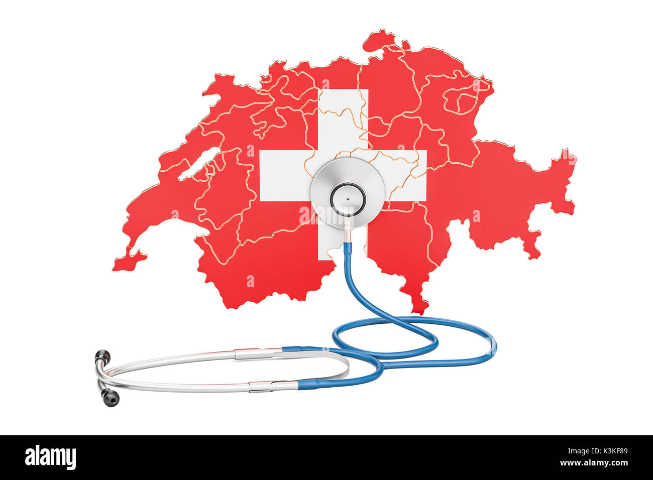 Schweizer Karte mit Stethoskop, national Health Care Concept, 3D-Rendering Stockfoto