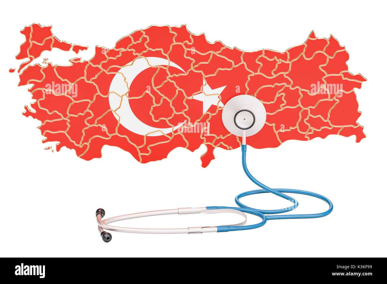Türkische Karte mit Stethoskop, national Health Care Concept, 3D-Rendering Stockfoto