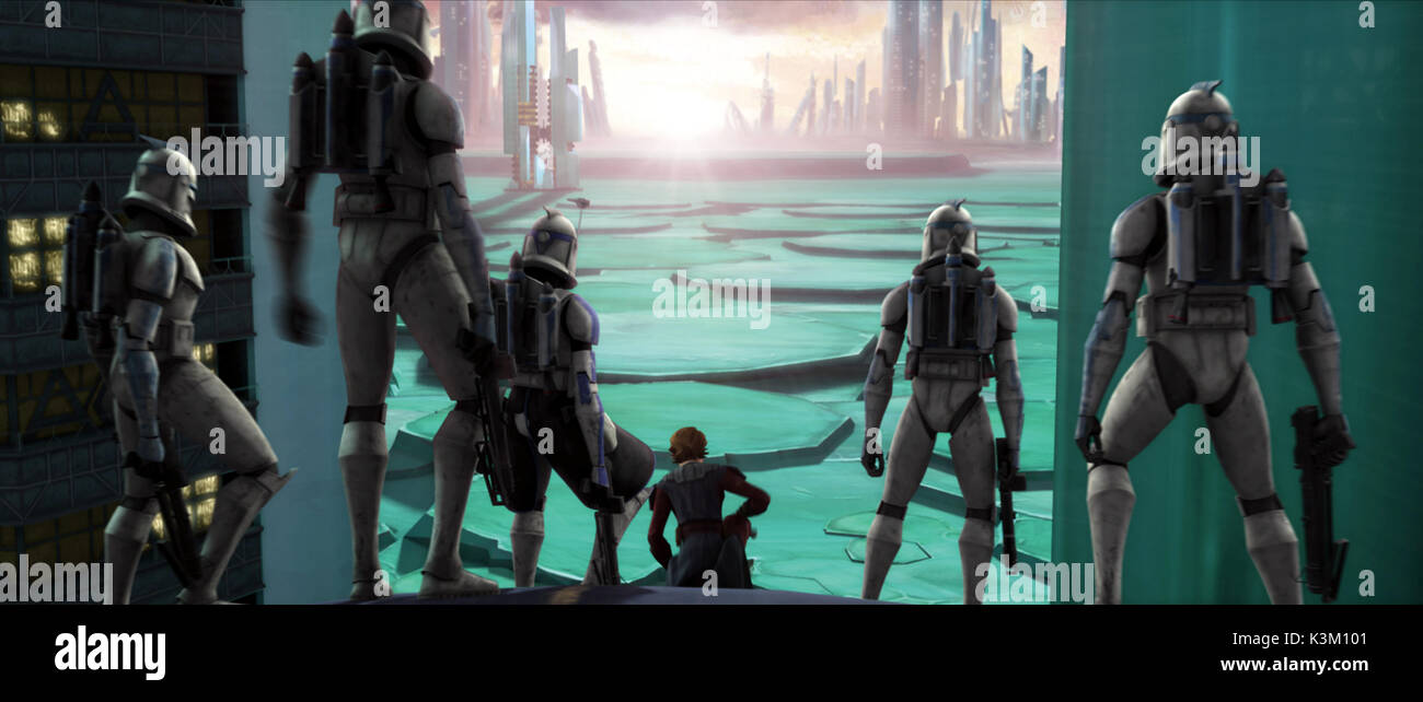 thumbnail image 2 of STAR WARS: The Clone Wars Jedi Knight Und Klon Armee General Anakin Skywalker Umfragen Der Schlachtszene Mit Seinen Truppen Bereit Datum: 2008 Stockfotografie 2 of 12