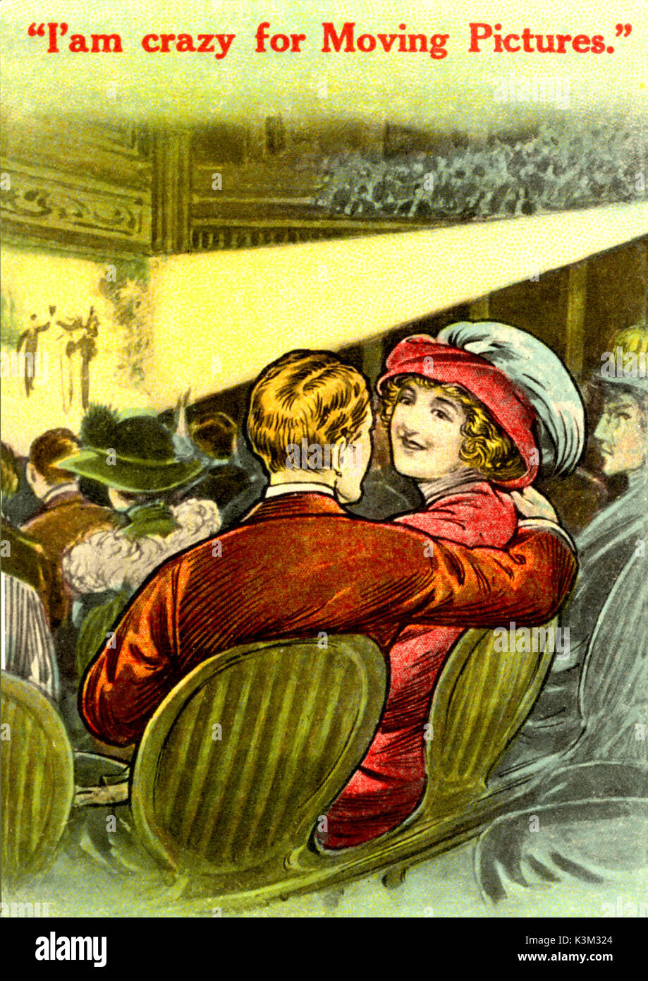 Postkarte spiegelt DAS INTERESSE AN FILMEN UND DIE MÖGLICHKEITEN FÜR LIEBESPAARE Anfang 1900 Obwohl die Karte zu einer amerikanischen Stadt bezieht, Es wurde entworfen von dem britischen Unternehmen Bamforth, in Holmfirth, [vielleicht am besten bekannt für die lange TV-Serie "Der letzte Sommer Wein", die dort gedreht wird], die auch als Postkarte manufactureers Bamforth's in die Filmproduktion in den ersten Jahren des Jahrhunderts POSTKARTE SPIEGELT DAS INTERESSE AN FILMEN UND DIE MÖGLICHKEITEN FÜR LIEBESPAARE Anfang 1900 Obwohl die Karte zu einer amerikanischen Stadt bezieht, ich tätig waren. Stockfoto
