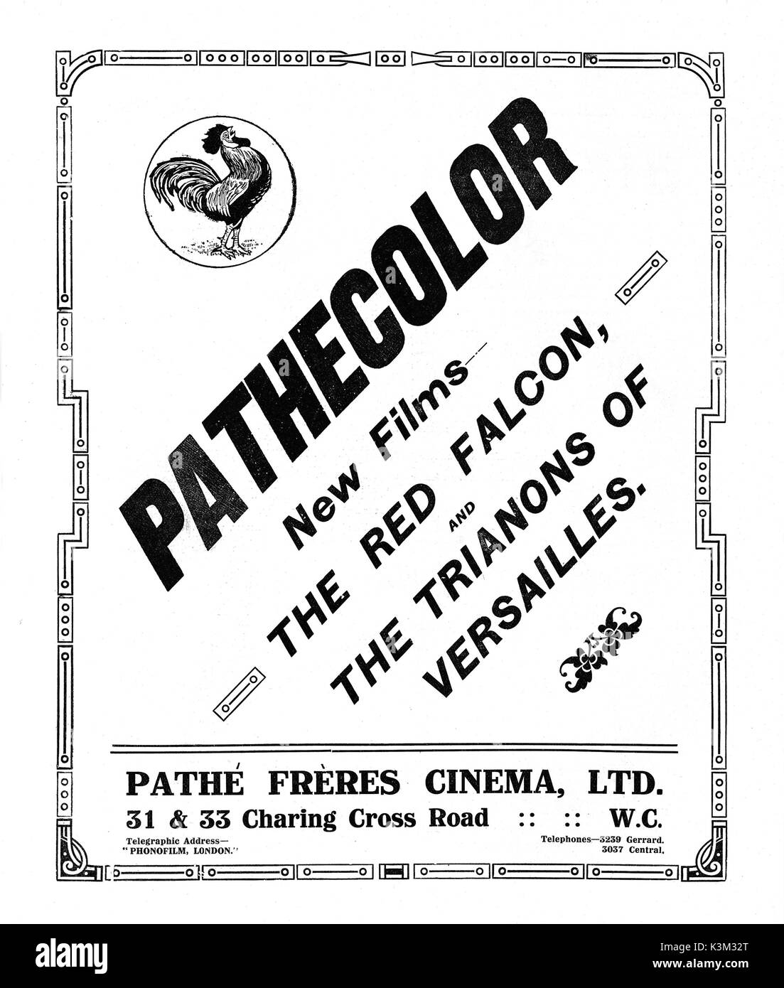Ein 1912 Werbung für die PATHECOLOR System. Durch separate Schablonen für jeden Bereich der Farbe, farbige Farbstoffe sind in Schwarz und Weiss Folien aufgebracht. Ein sehr erfolgreiches System, mit schönen Ergebnisse, überlebte es mindestens bis zum Ende der 1920er Jahre ein Inserat 1912 für die PATHECOLOR System. Durch separate Schablonen für jeden Bereich der Farbe, farbige Farbstoffe sind in Schwarz und Weiss Folien aufgebracht. Ein sehr erfolgreiches System, mit schönen Ergebnisse, überlebte es mindestens bis zum Ende der 1920er Jahre Stockfoto