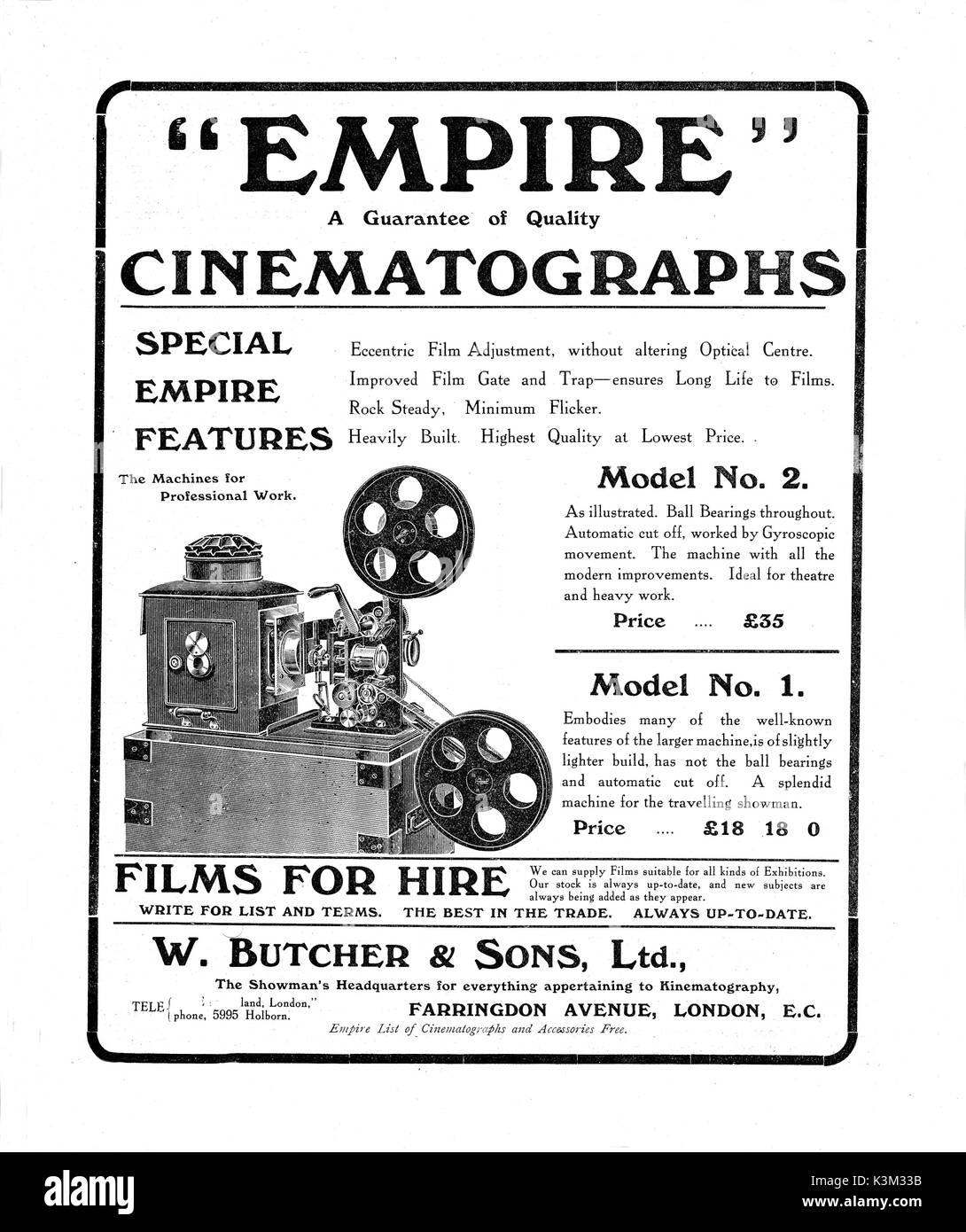 Einem 1908 Werbung für W. Metzger, der frühen Film- und Equipment Company, der endlich ein Film wurde nur Vermietung Unternehmen. Stockfoto