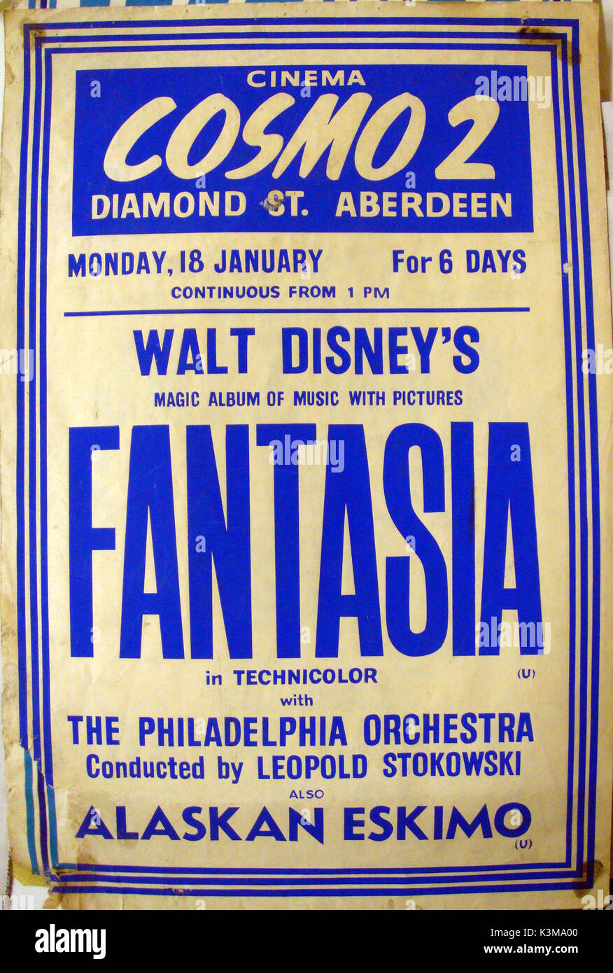 COSMO 2 Kino, 13-15 DIAMOND Street, Aberdeen. Ein Poster für Fantasia von Alaska ESKIMO unterstützt, die 1967 in COSMO2, ein Kino aus Stallungen, die als Nachrichten Kino aus den 1930er Jahren betrieben hatte, obwohl es in letzter Zeit durch verschiedene Namen Änderungen bis zu einem Ableger der Cosmo Kino, Rose Street, Glasgow, ein Programmkino mit der höchsten Reputation für die beste der welt Kino seit seiner Eröffnung im Jahre 1939 ging umgewandelt. Datum: Stockfoto