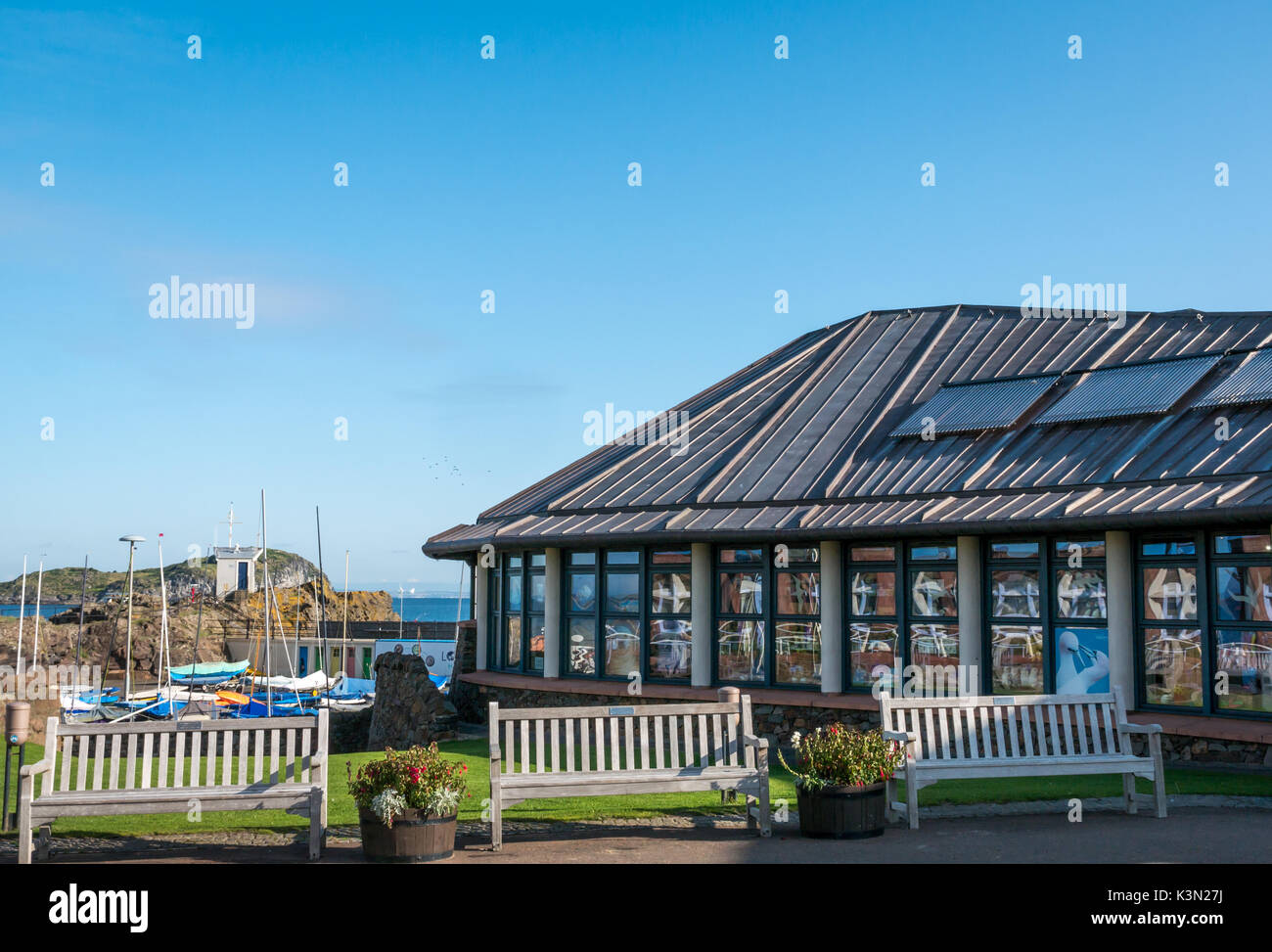Der Scottish Seabird Centre, North Berwick, East Lothian, Schottland, Großbritannien mit Bänken und Hafen hinter, an einem sonnigen Tag mit blauem Himmel Stockfoto