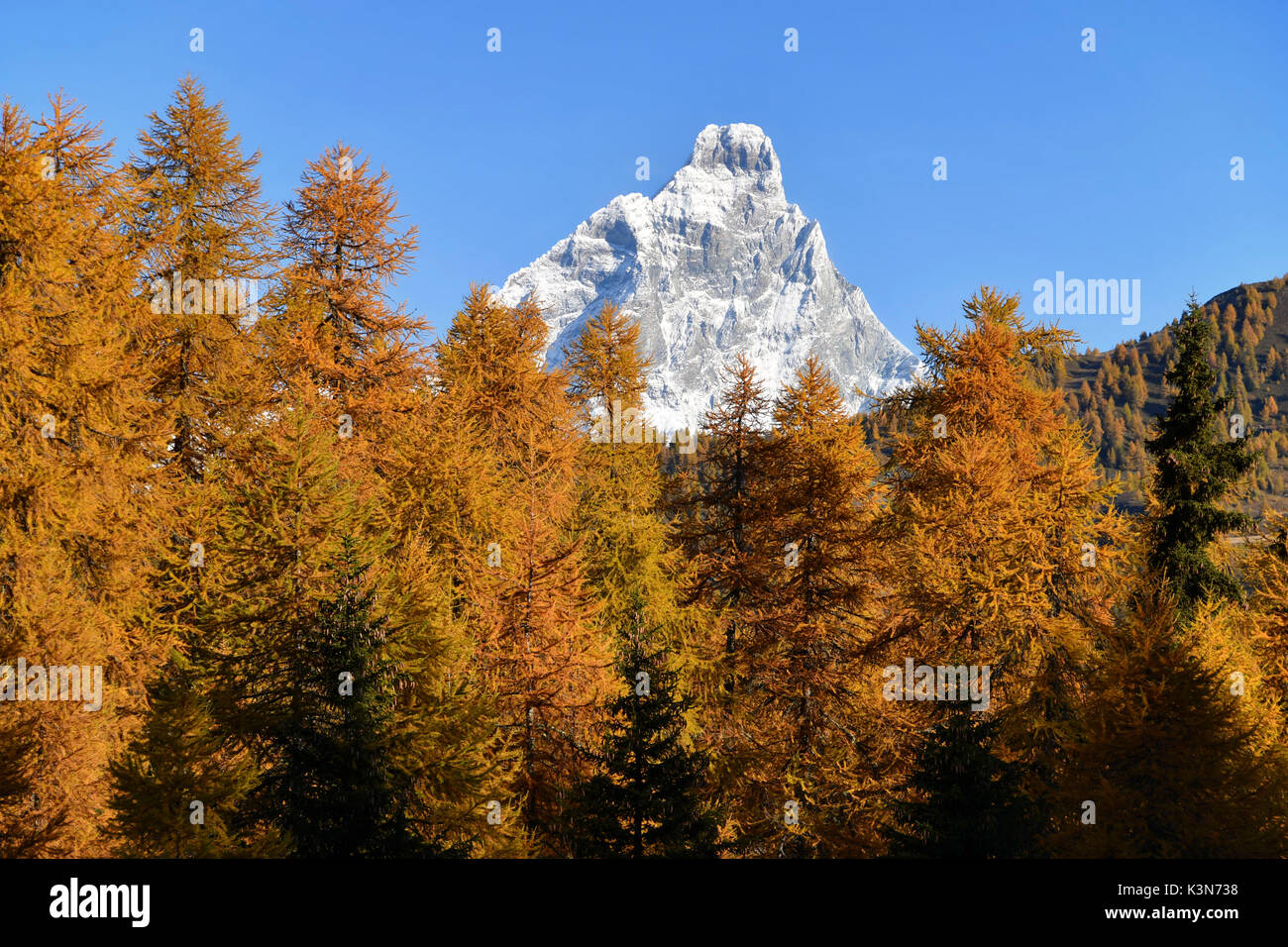 Cervino und Farben des Herbstes, Tal Valtournenche, Aostatal, Italien Stockfoto