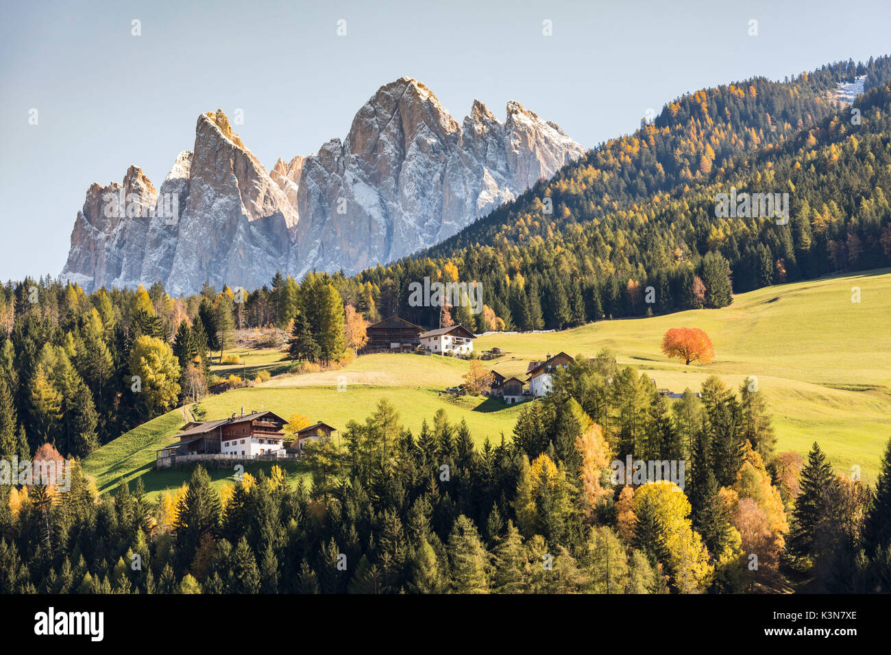 Herbstliche Landschaft mit Geisler Dolomiten Gipfeln im Hintergrund. Santa Maddalena, Val di Funes, Trentino Alto Adige, Südtirol, Italien, Europa. Stockfoto