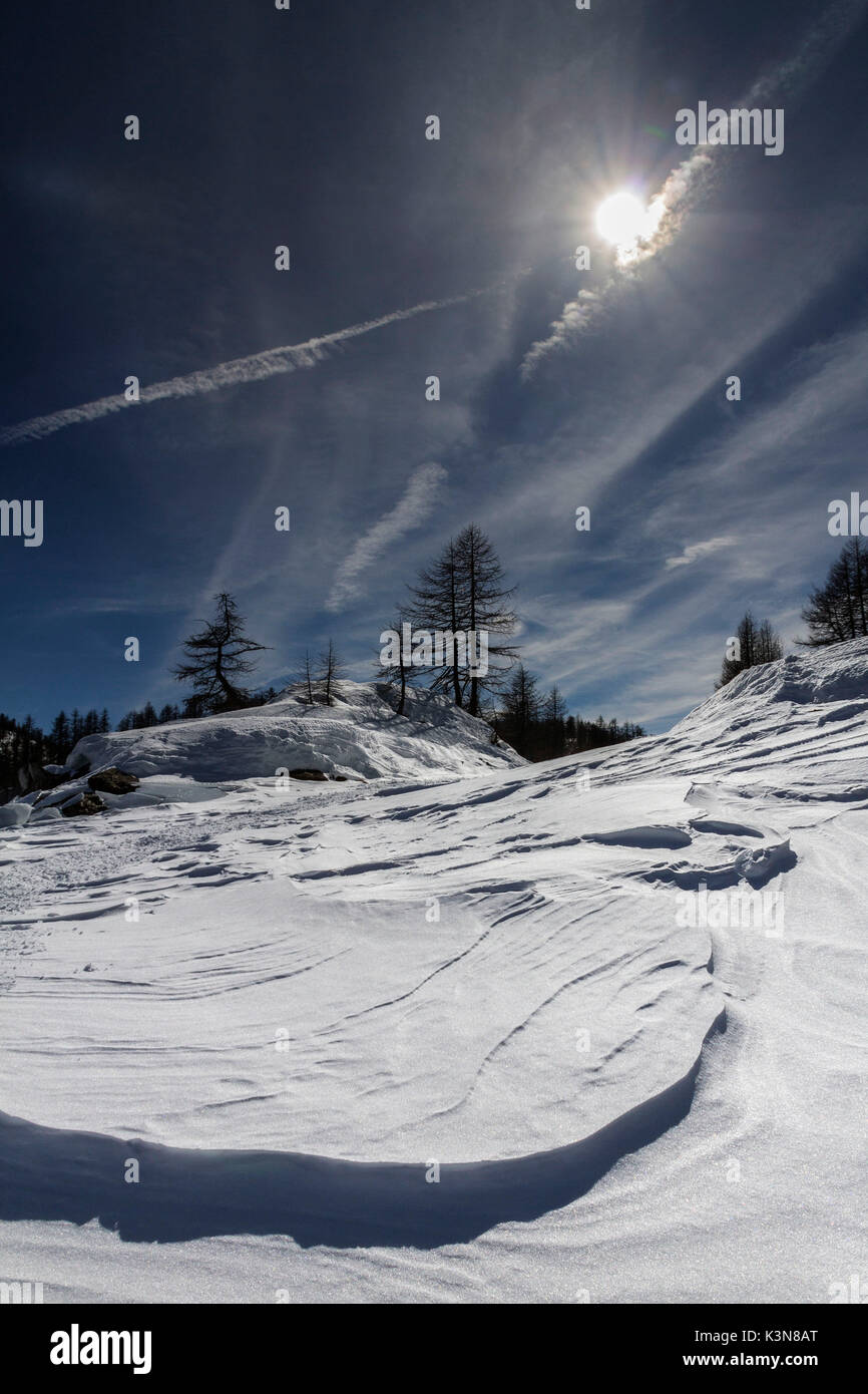 Die gefrorenen Schnee die Berge von Alpe Devero Natual Park. Piemont, Italien Stockfoto