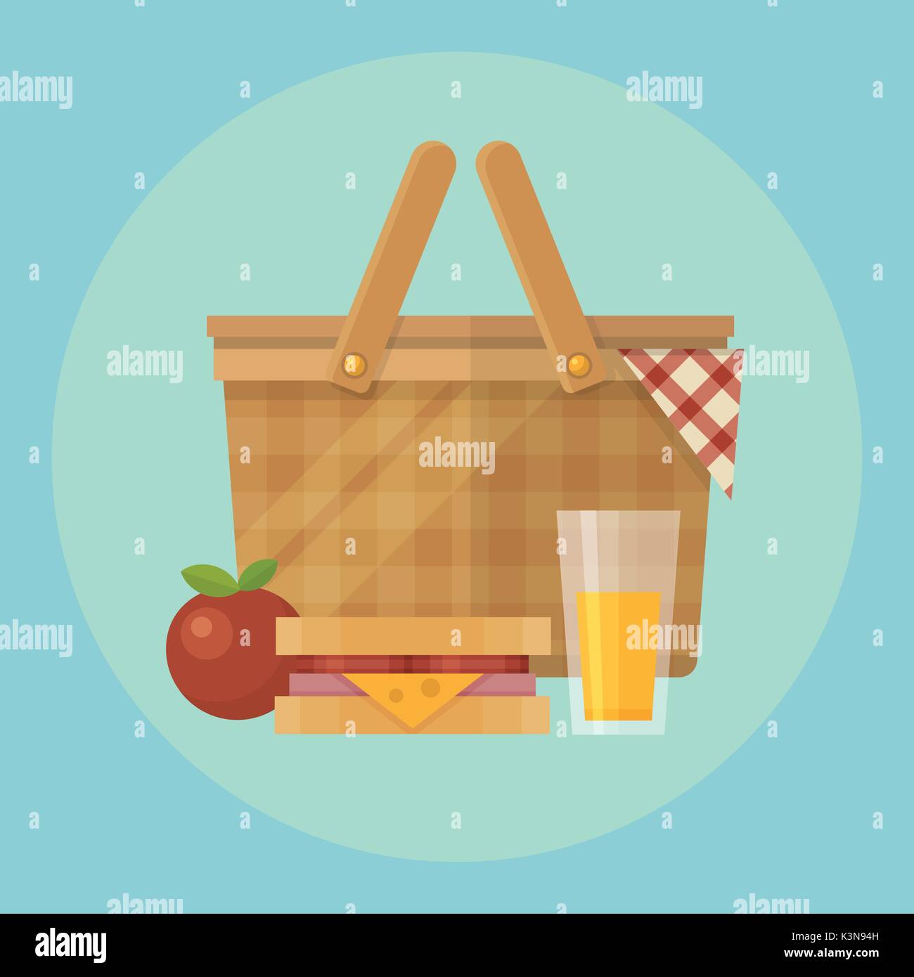 Picknickkorb und Essen flachbild Abbildung. Apple, Decke, Sandwich und ein Glas Saft Stock Vektor