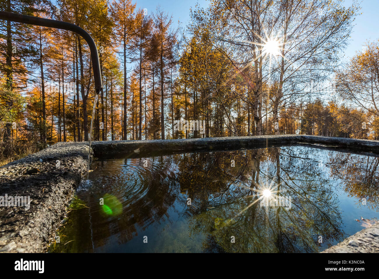 Die herbstlichen Bäume und die Sonne auf dem Wasser der Brunnen widerspiegelt. Italien, Europa. Stockfoto