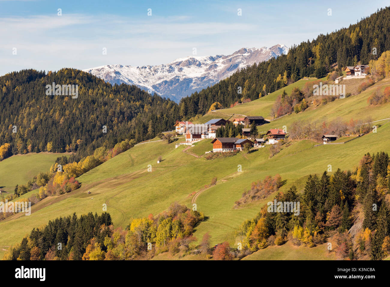 Herbstliche Landschaft. Santa Maddalena, Val di Funes, Bozen, Trentino Alto Adige, Südtirol, Italien, Europa. Stockfoto