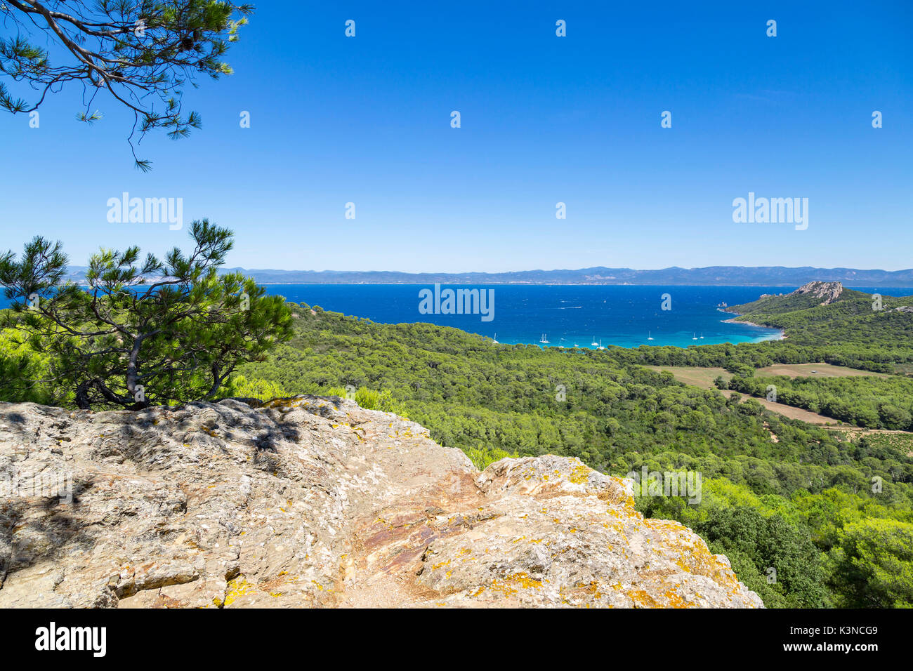 Blick von oben auf die Ile de Porquerolles (Ile de Porquerolles, Hyeres, Toulon, Var, Provence-Alpes-Cote d'Azur, Frankreich, Europa) Stockfoto