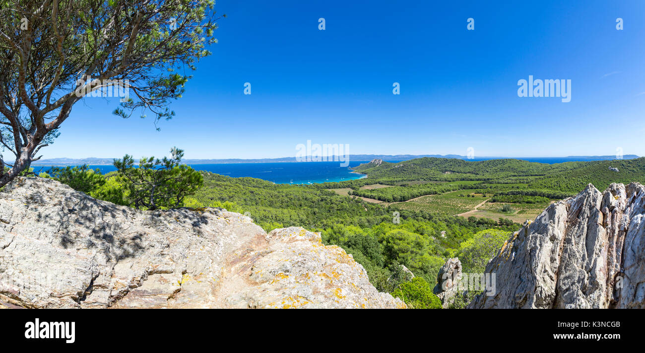 Blick von oben auf die Ile de Porquerolles (Ile de Porquerolles, Hyeres, Toulon, Var, Provence-Alpes-Cote d'Azur, Frankreich, Europa) Stockfoto