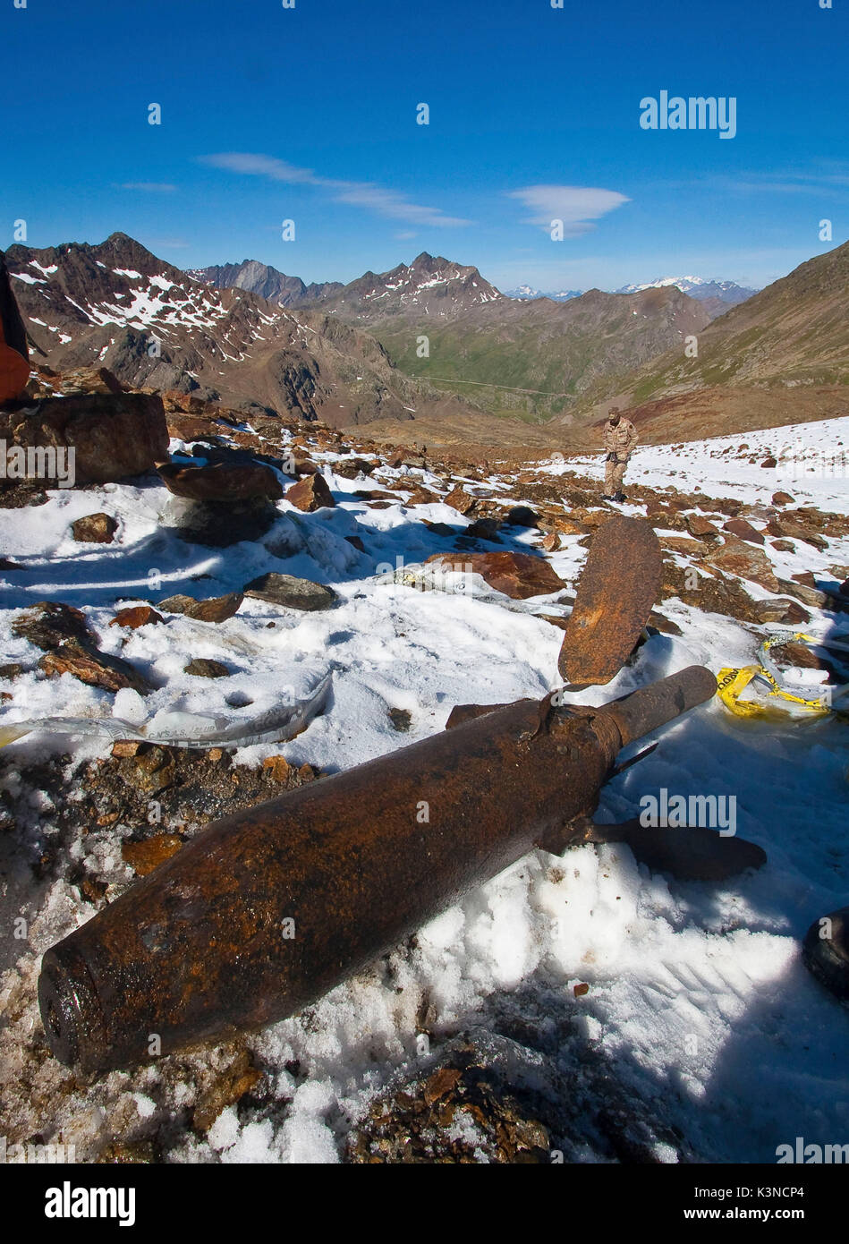 Ersten Weltkrieg bombe Relikt. Dosegu Gletscher - Gavia Pass - Valtellina - Lombardei Stockfoto