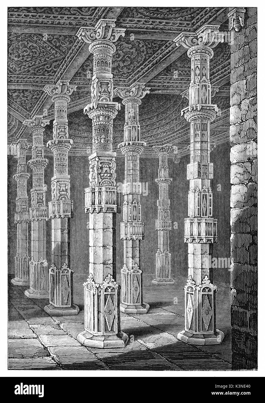 Majestätisch hohe Spalten 1001 in einem großen Stein Zimmer eingerichtet. Adhai-din-ka Jhonpra Moschee in Ajmer Rajasthan Indien. Von Andrew am Besten und Leloir auf Magasin Pittoresque Paris 1839 veröffentlicht erstellt Stockfoto
