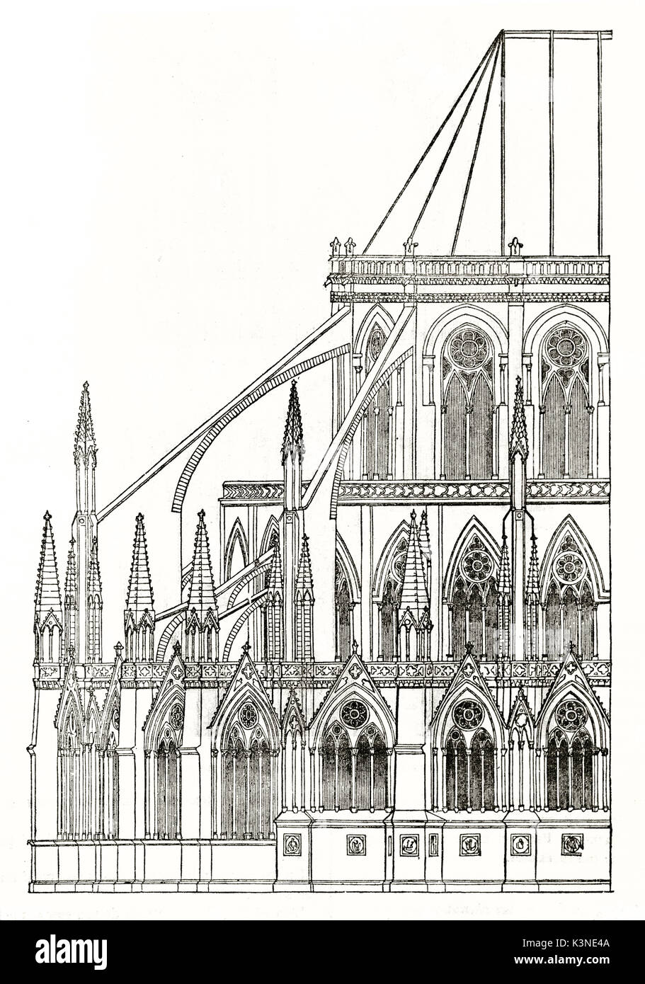 Alte Detail der Kathedrale Notre-Dame Apsis außen mit seiner typischen Spitzbögen, Windows und Speere. Paris, Frankreich. Von unbekannter Autor auf Magasin Pittoresque Paris 1839 veröffentlicht. Stockfoto