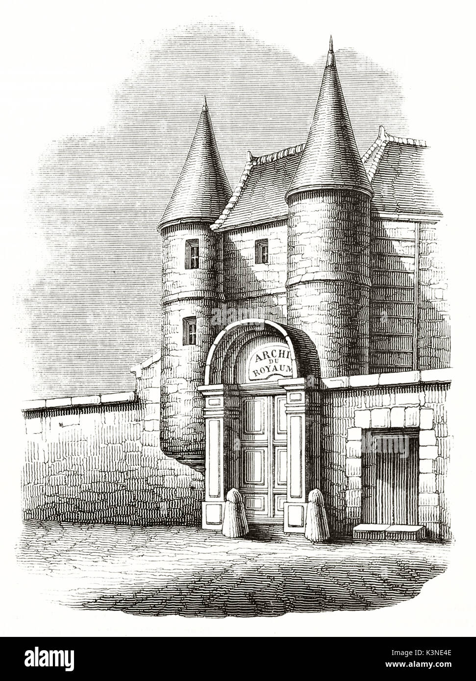 Alte Eingang eines schweren Gebäude aus Stein mit spitzen Türmen. Archiv Eingang Hotel de Soubise Paris. Von Andrew am Besten und Leloir auf Magasin Pittoresque Paris 1839 veröffentlicht erstellt Stockfoto