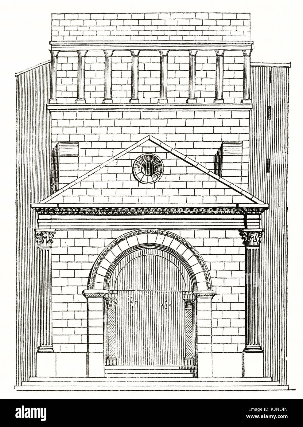Vorderansicht von Avignon dom Fassade mit ihren großen Holz- Portal und Mauern aus Ziegeln. Von unbekannter Autor auf Magasin Pittoresque Paris 1839 veröffentlicht. Stockfoto