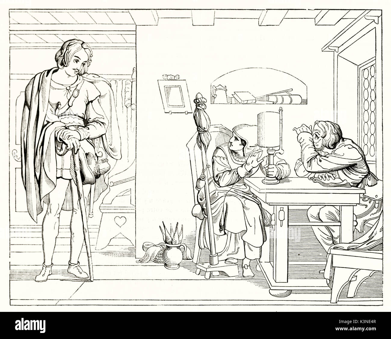 Junge elegante mittelalterliche Kerl in einem Zimmer mit seinen Eltern an einem Tisch sitzt. Zurück im väterlichen Haus. Durch Wattier Andrew Beste und Leloir nach Retsch publ erstellt. Auf Magasin Pittoresque Paris 1839 Stockfoto
