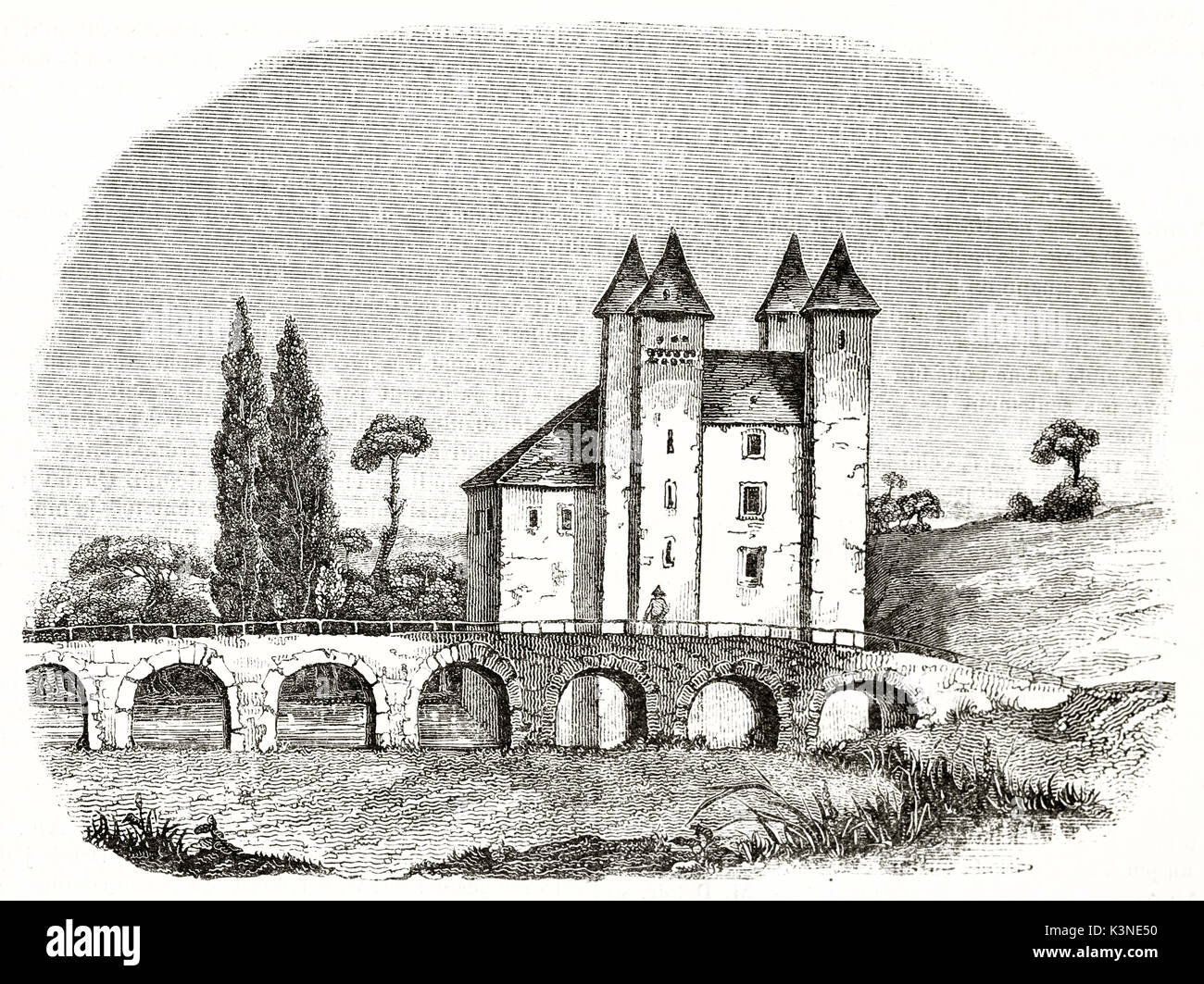Alte kleine Burg mit vier Spitzen Türme in der Nähe einer Brücke an die Landschaft. Barbaste befestigten Mühle Lot-et-Garonne Frankreich. Von Andrew am Besten und Leloir, Magasin Pittoresque Paris 1839 Stockfoto