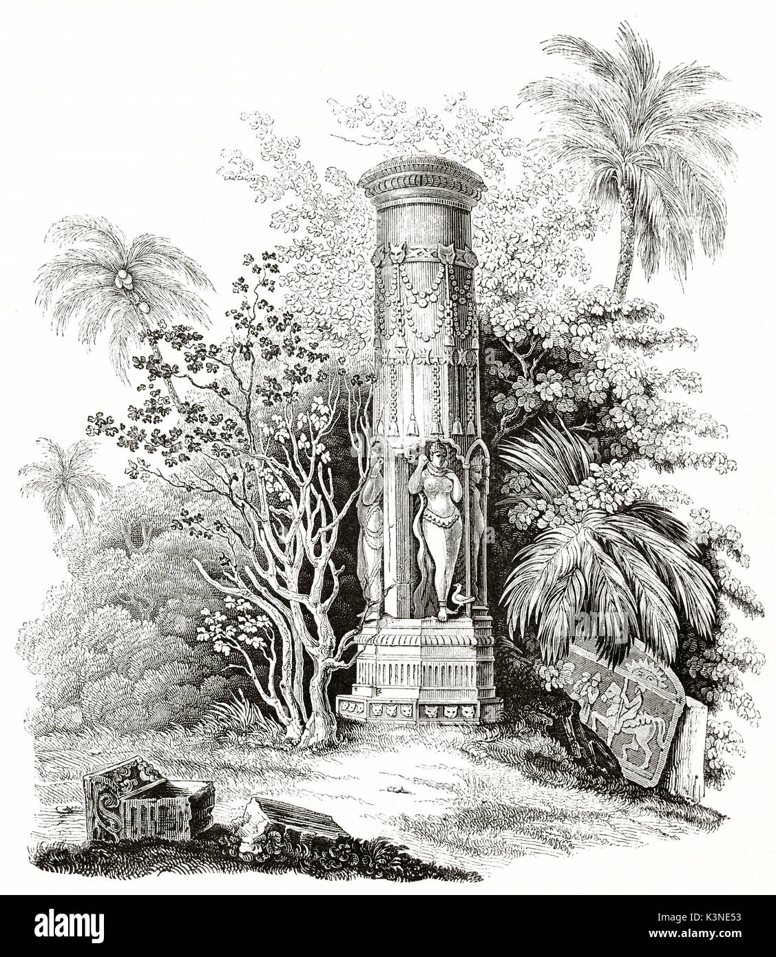 Alte Stein Spalte mit Statuen von indischen Göttinnen im Dschungel. Baroli Tempel Komplex Rawatbhata Indien. Von Andrew am Besten und Leloir auf Magasin Pittoresque Paris 1839 veröffentlicht erstellt Stockfoto