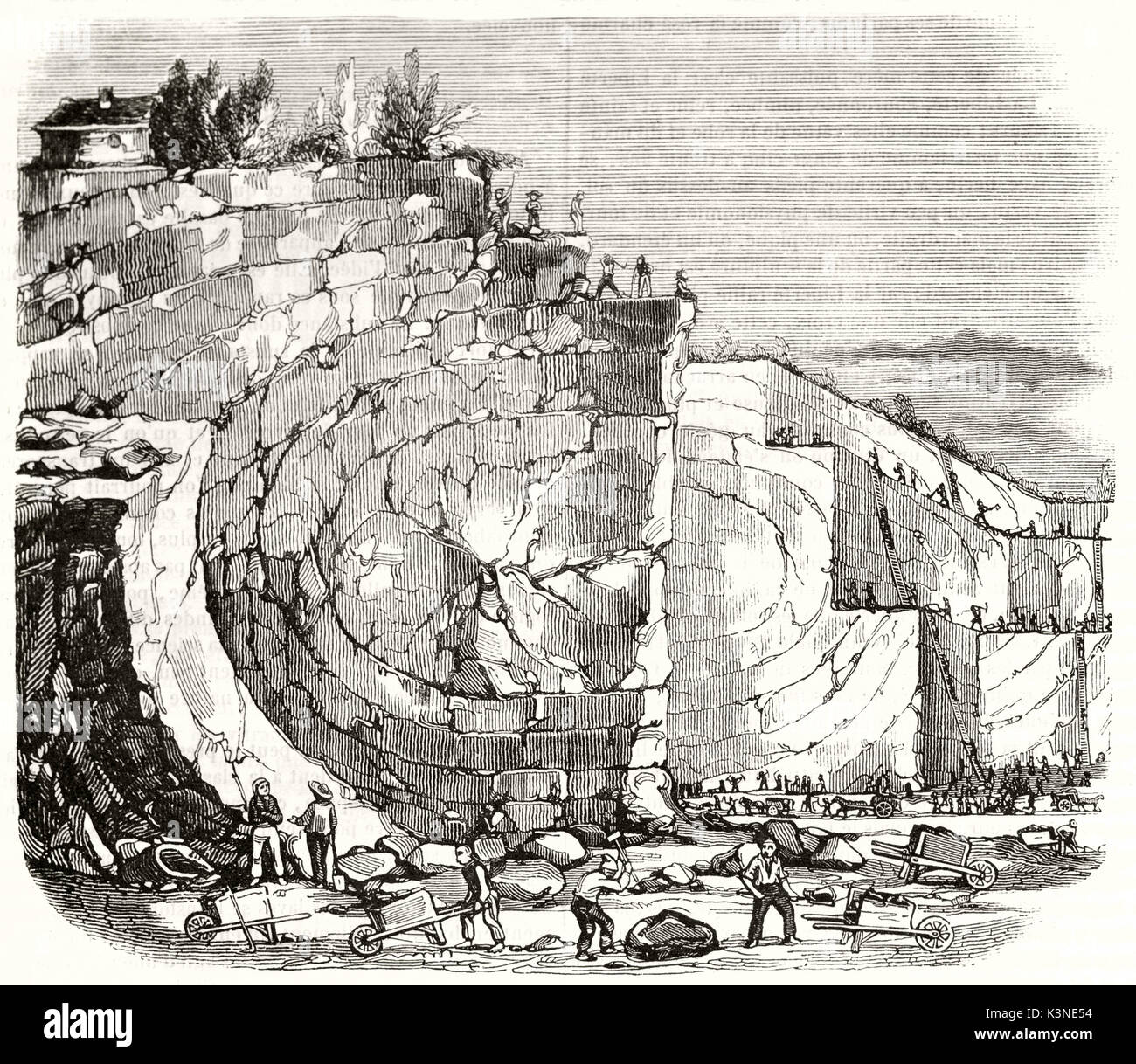 Alte Ansicht der Arbeiter in einer Basalt Steinbruch in der Nähe von Köln, Deutschland. Von Andrew am Besten und Leloir auf Magasin Pittoresque Paris 1839 veröffentlicht erstellt Stockfoto