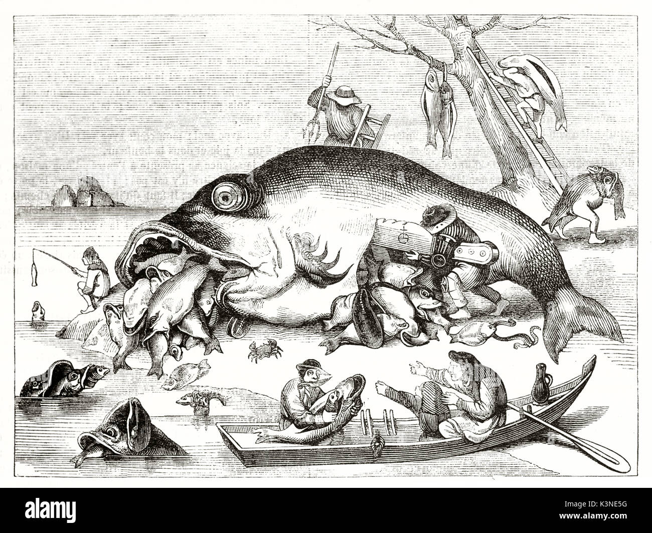 Alte groteske Kontext in einem alten Gravur Abbildung. Big Fish liegen nach einer Angeltour. Nach Pieter Brueghel der Ältere auf Magasin Pittoresque Paris 1839 veröffentlicht. Stockfoto