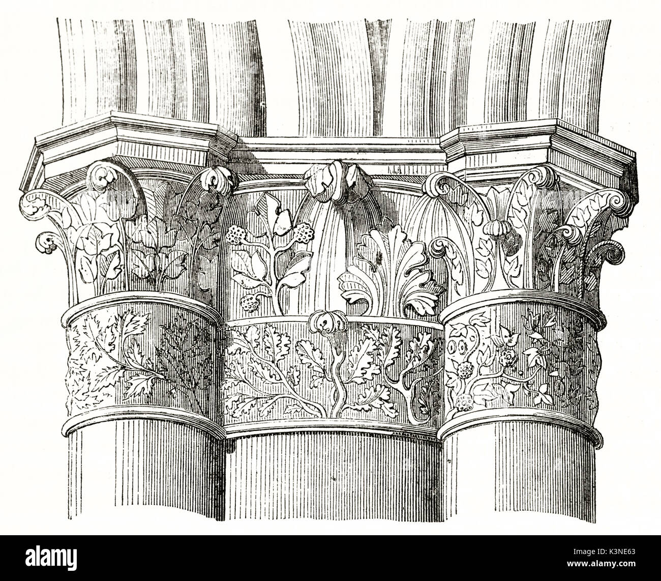 Architektonische Details der A-Säule Kapital in das Kirchenschiff der Kathedrale von Reims Frankreich. Isolierte Element auf weißem Hintergrund, die durch unbekannte Autor auf Magasin Pittoresque Paris 1839 veröffentlicht. Stockfoto