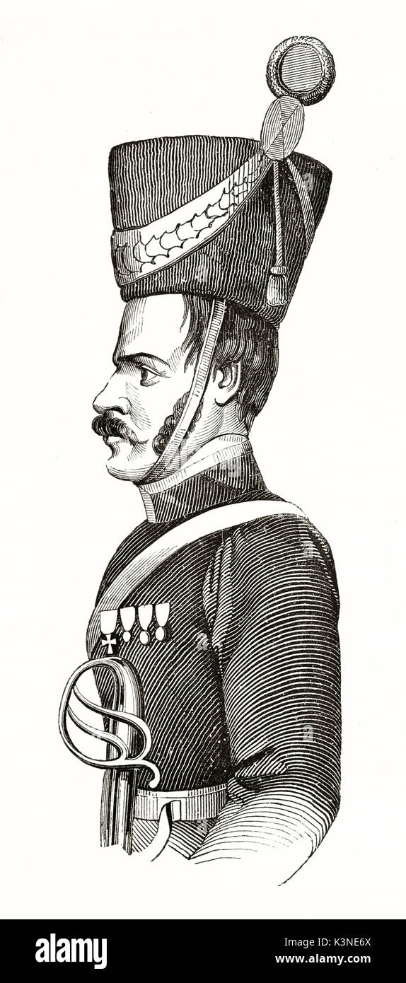Antike büste Portrait von ein Kosak nicht Offizier in voller Uniform, Seitenansicht auf der Suche nach Links. Von unbekannter Autor auf Magasin Pittoresque Paris 1839 veröffentlicht. Stockfoto