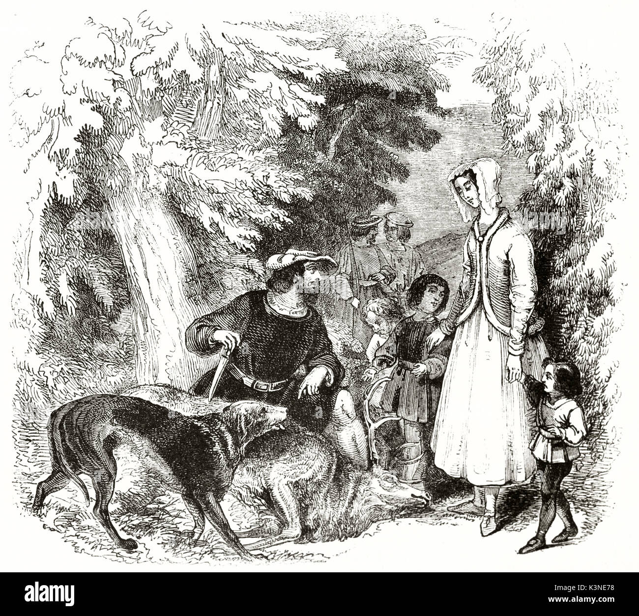 Alte Abbildung: William de Cloudeslie und seiner Familie in Inglewood Wald England (Freund der legendären outlaw Adam Bell). Von Sly Veröffentlicht am Magasin Pittoresque Paris 1839 erstellt Stockfoto